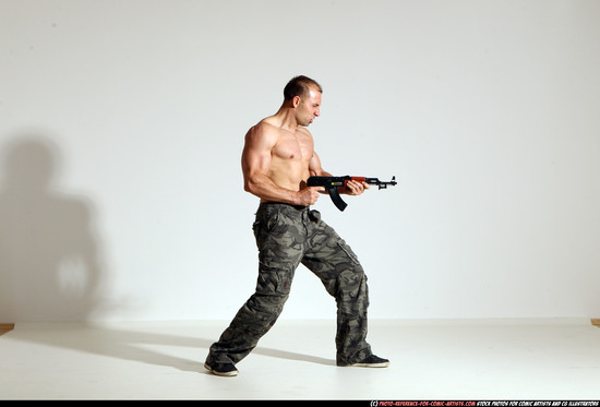 Man Adult Athletic White Fighting with submachine gun Moving poses Pants