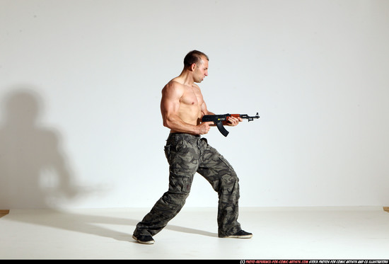 Man Adult Athletic White Fighting with submachine gun Moving poses Pants