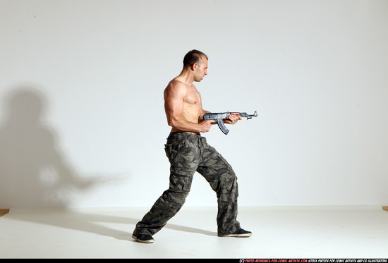 Man Adult Athletic White Fighting with submachine gun Moving poses Pants