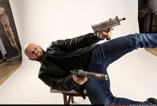 Man Adult Athletic White Fighting with submachine gun Moving poses Casual