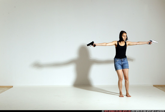 Woman Young Athletic White Fighting with gun Moving poses Casual