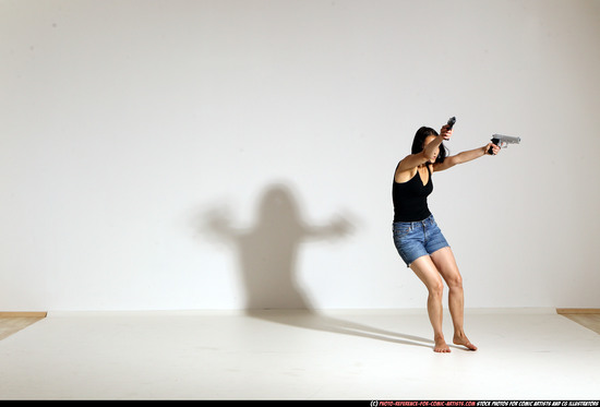 Woman Young Athletic White Fighting with gun Moving poses Casual