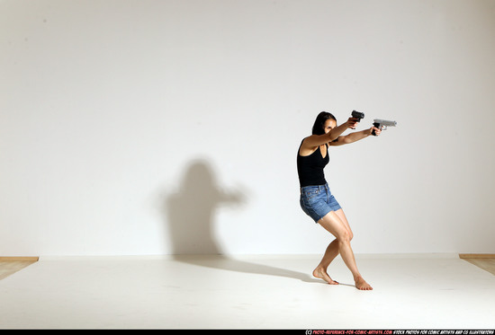 Woman Young Athletic White Fighting with gun Moving poses Casual