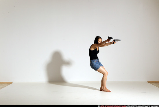 Woman Young Athletic White Fighting with gun Moving poses Casual