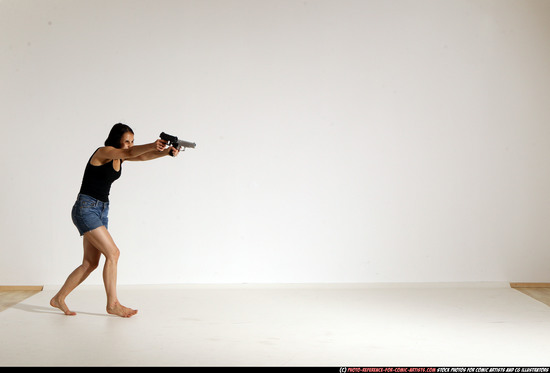 Woman Young Athletic White Fighting with gun Moving poses Casual