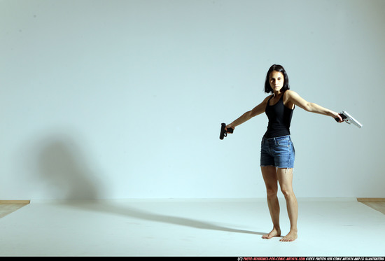 Woman Young Athletic White Fighting with gun Moving poses Casual