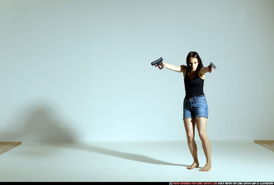 Woman Young Athletic White Fighting with gun Moving poses Casual