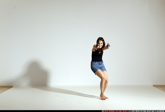 Woman Young Athletic White Fighting with gun Moving poses Casual