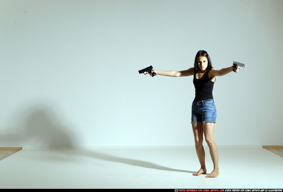 Woman Young Athletic White Fighting with gun Moving poses Casual