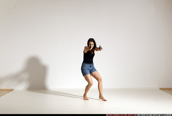 Woman Young Athletic White Fighting with gun Moving poses Casual