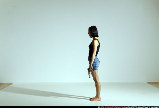 Woman Young Athletic White Fighting with gun Moving poses Casual