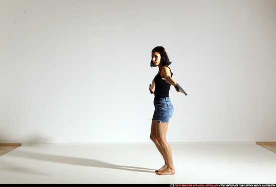 Woman Young Athletic White Fighting with gun Moving poses Casual