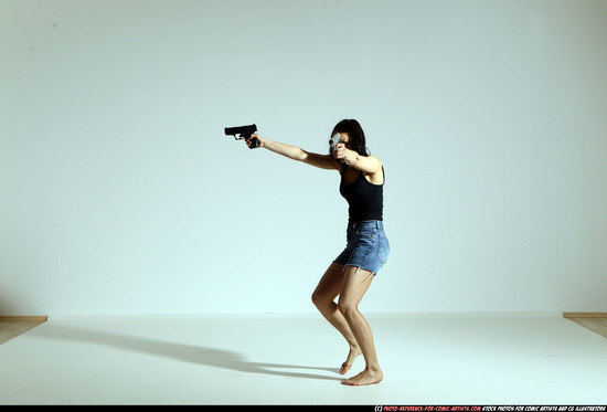 Woman Young Athletic White Fighting with gun Moving poses Casual