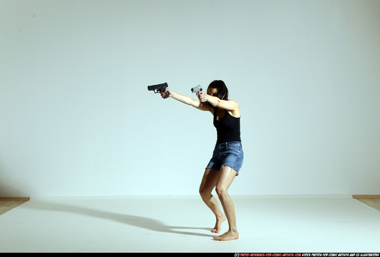 Woman Young Athletic White Fighting with gun Moving poses Casual