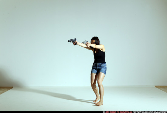 Woman Young Athletic White Fighting with gun Moving poses Casual