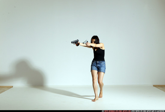 Woman Young Athletic White Fighting with gun Moving poses Casual