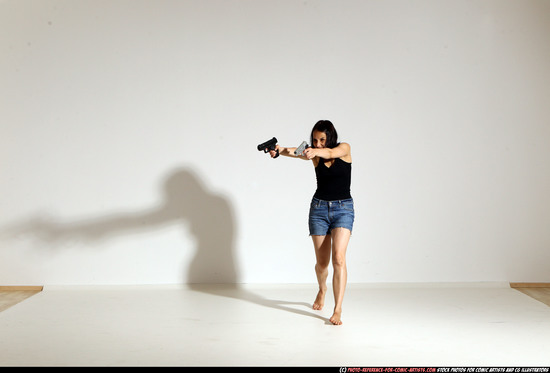 Woman Young Athletic White Fighting with gun Moving poses Casual