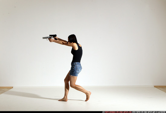 Woman Young Athletic White Fighting with gun Moving poses Casual