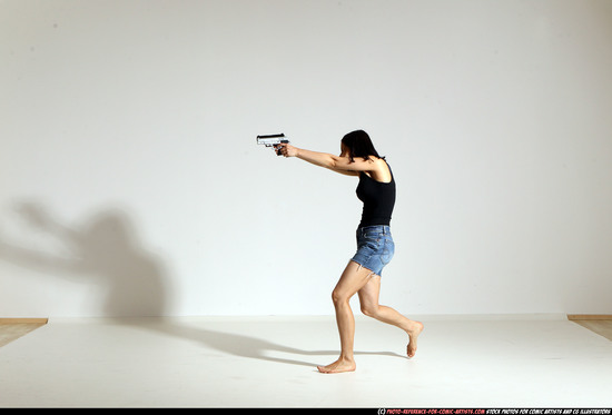 Woman Young Athletic White Fighting with gun Moving poses Casual