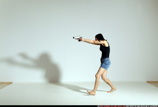 Woman Young Athletic White Fighting with gun Moving poses Casual