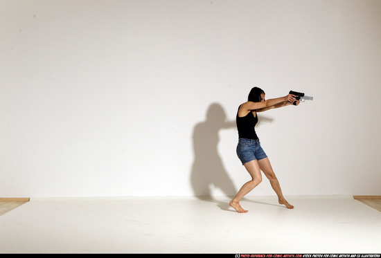 Woman Young Athletic White Fighting with gun Moving poses Casual