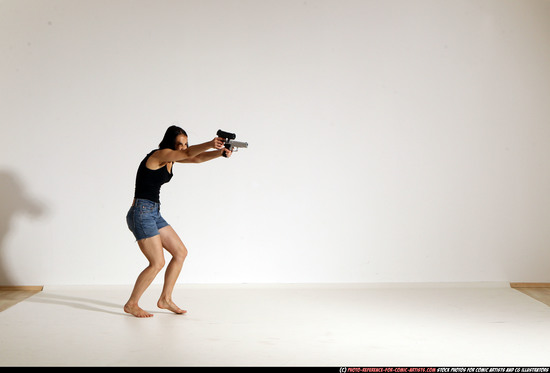 Woman Young Athletic White Fighting with gun Moving poses Casual