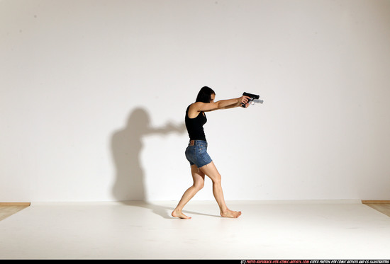 Woman Young Athletic White Fighting with gun Moving poses Casual