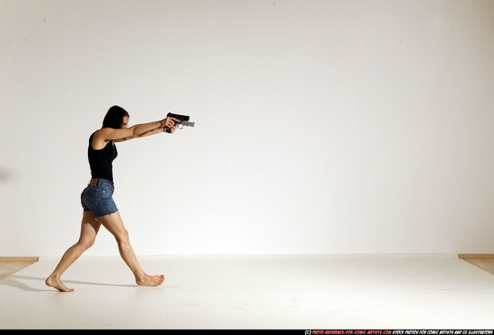 Woman Young Athletic White Fighting with gun Moving poses Casual