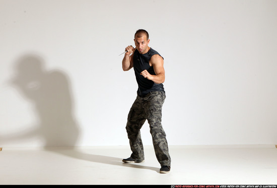 Man Adult Athletic White Fighting with knife Moving poses Army