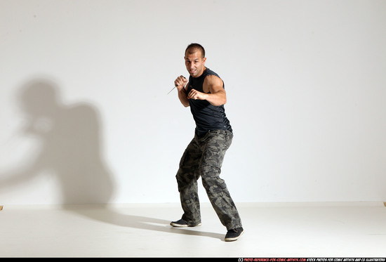 Man Adult Athletic White Fighting with knife Moving poses Army