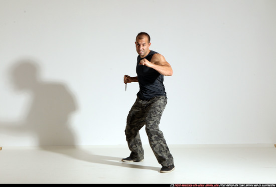 Man Adult Athletic White Fighting with knife Moving poses Army