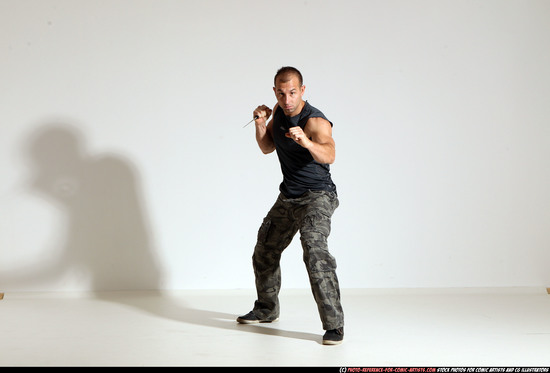 Man Adult Athletic White Fighting with knife Moving poses Army