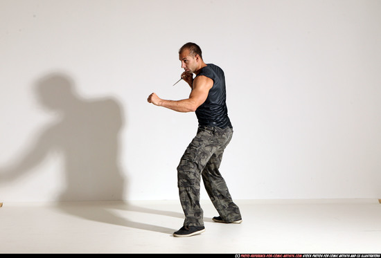 Man Adult Athletic White Fighting with knife Moving poses Army