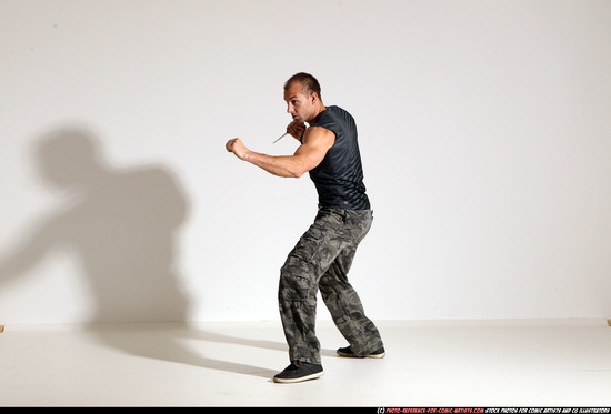 Man Adult Athletic White Fighting with knife Moving poses Army