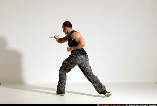 Man Adult Athletic White Fighting with knife Moving poses Army