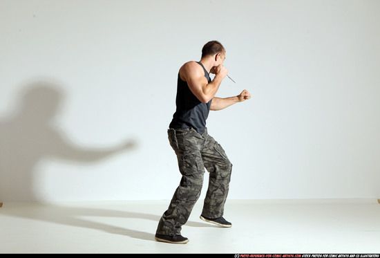 Man Adult Athletic White Fighting with knife Moving poses Army