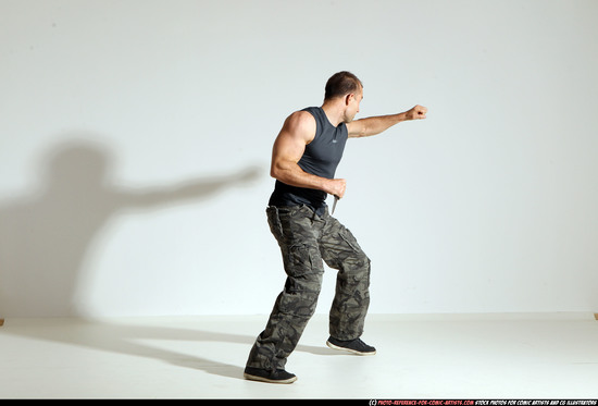 Man Adult Athletic White Fighting with knife Moving poses Army