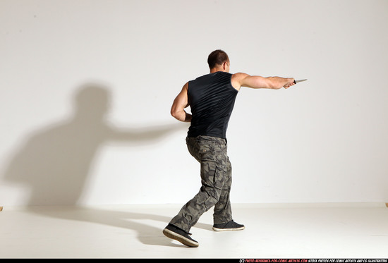 Man Adult Athletic White Fighting with knife Moving poses Army