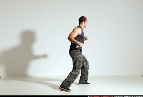 Man Adult Athletic White Fighting with knife Moving poses Army