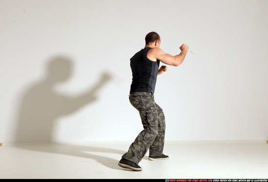 Man Adult Athletic White Fighting with knife Moving poses Army