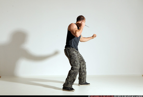 Man Adult Athletic White Fighting with knife Moving poses Army