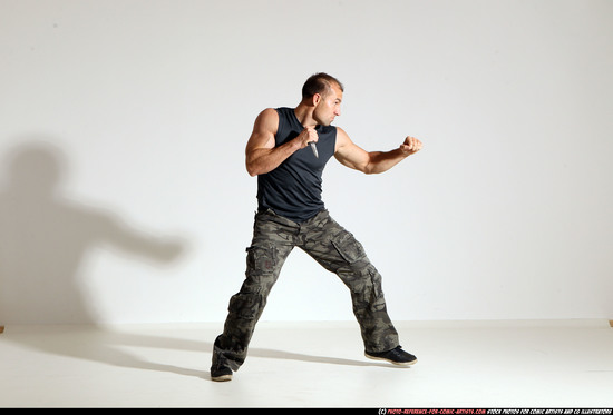 Man Adult Athletic White Fighting with knife Moving poses Army