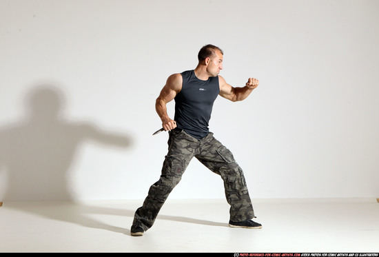 Man Adult Athletic White Fighting with knife Moving poses Army