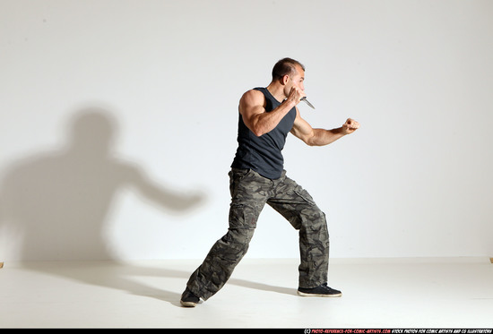 Man Adult Athletic White Fighting with knife Moving poses Army