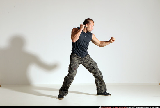 Man Adult Athletic White Fighting with knife Moving poses Army