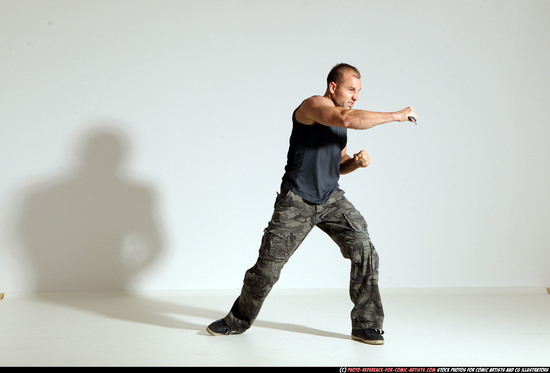 Man Adult Athletic White Fighting with knife Moving poses Army