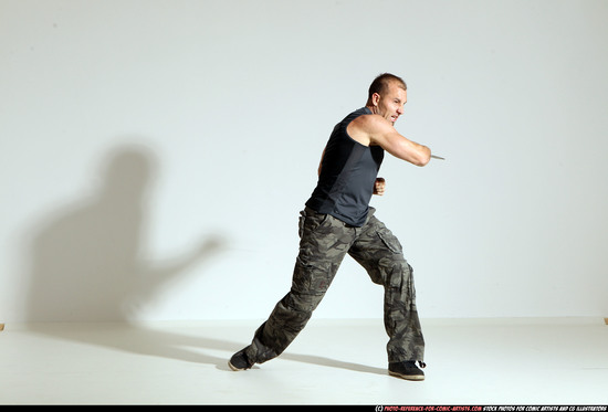 Man Adult Athletic White Fighting with knife Moving poses Army