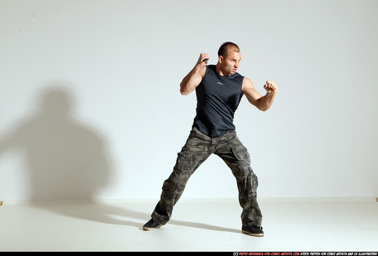 Man Adult Athletic White Fighting with knife Moving poses Army