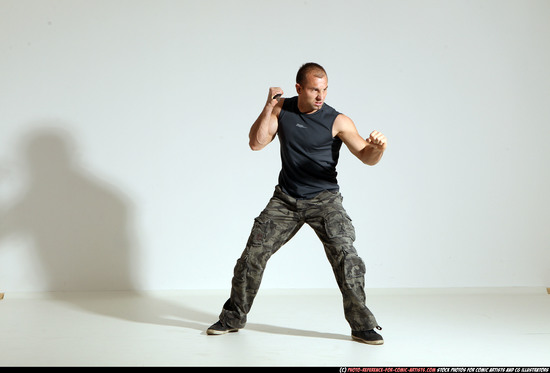 Man Adult Athletic White Fighting with knife Moving poses Army