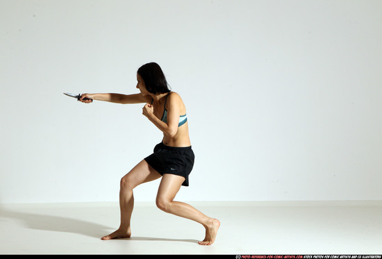 Woman Young Athletic White Fighting with knife Moving poses Casual